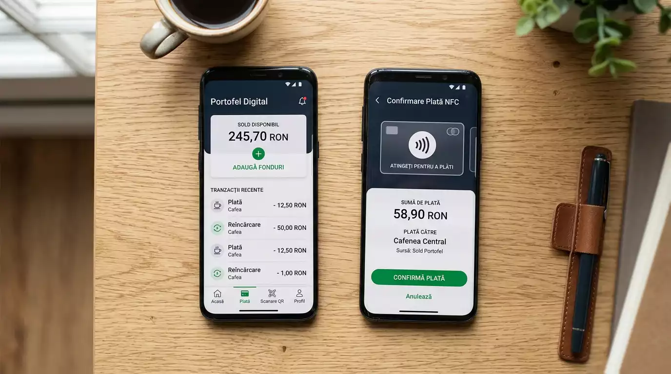 Telefon iPhone cu aplicația Aircash deschisă alături de un alt iPhone afișând ecranul Apple Pay