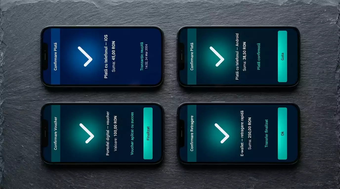 Patru telefoane care arată Apple Pay, Google Pay, Aircash și Skrill ca alternative la mobilPay