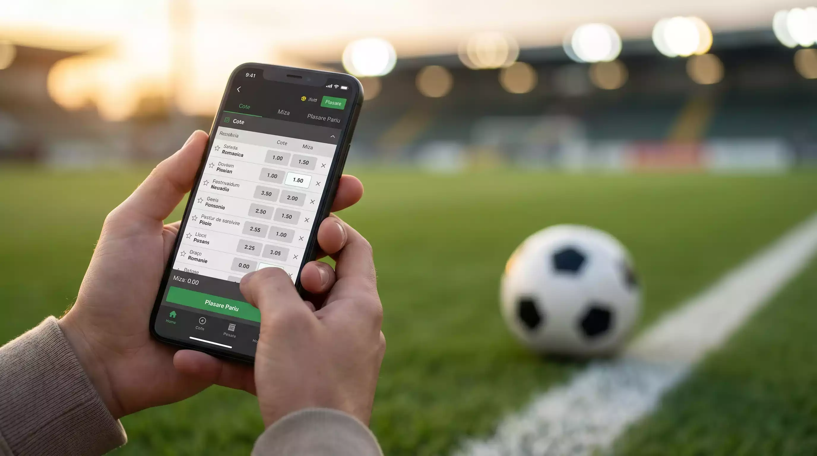 Mâini ținând un iPhone modern în prim-plan, pe fundal estompat cu un teren de fotbal verde sub lumina reflectoarelor