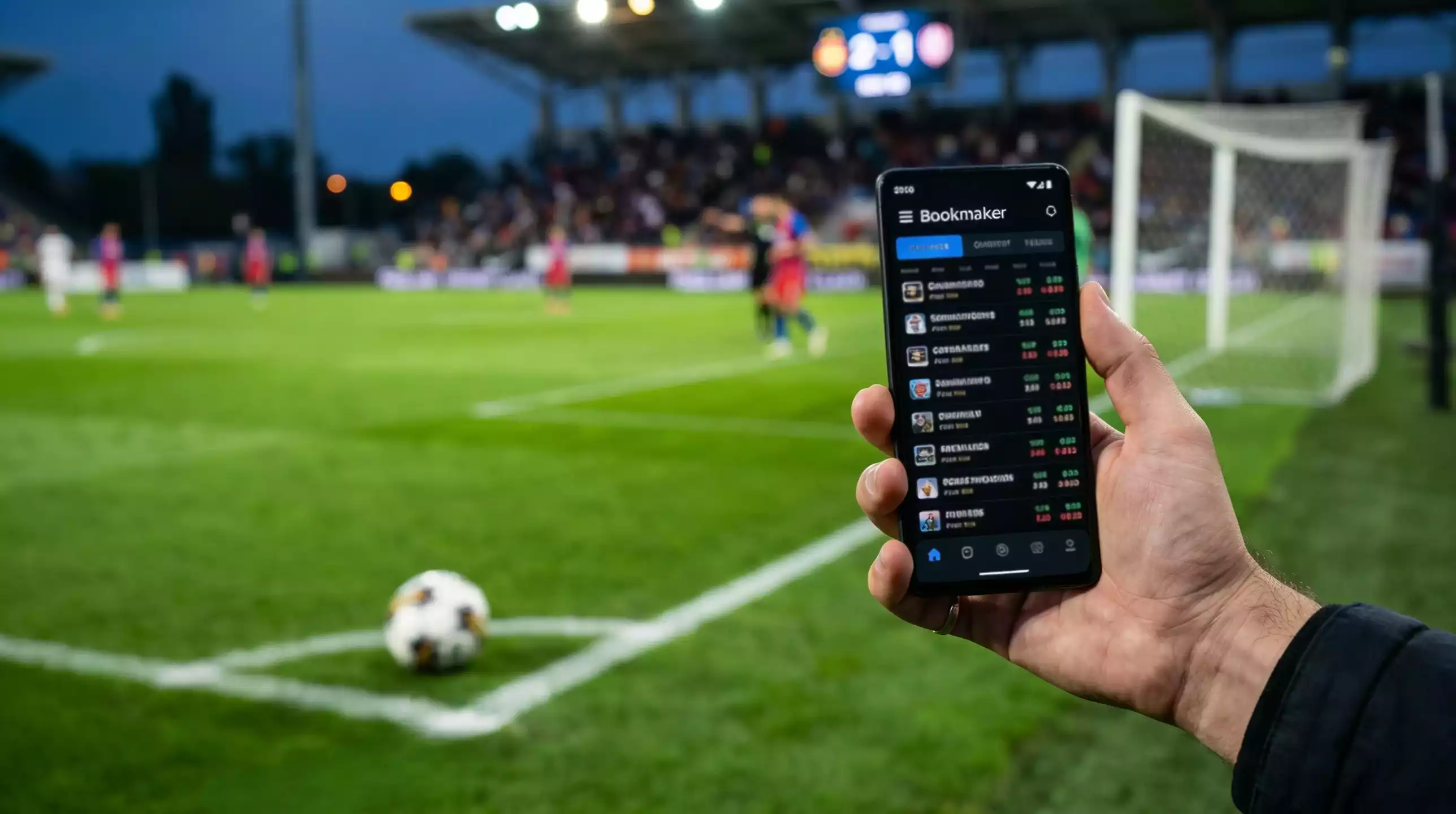 Smartphone Android ținut într-o mână în prim-plan, pe fundal cu un teren de fotbal verde sub lumina reflectoarelor de stadion
