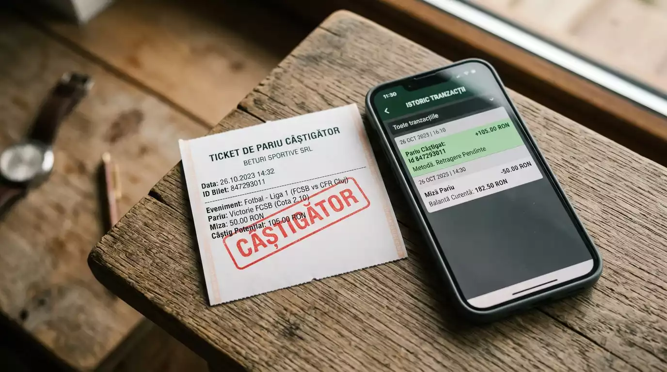 Bilet câștigător de pariuri sportive lângă un telefon mobil cu extras de cont al unei case de pariuri din România