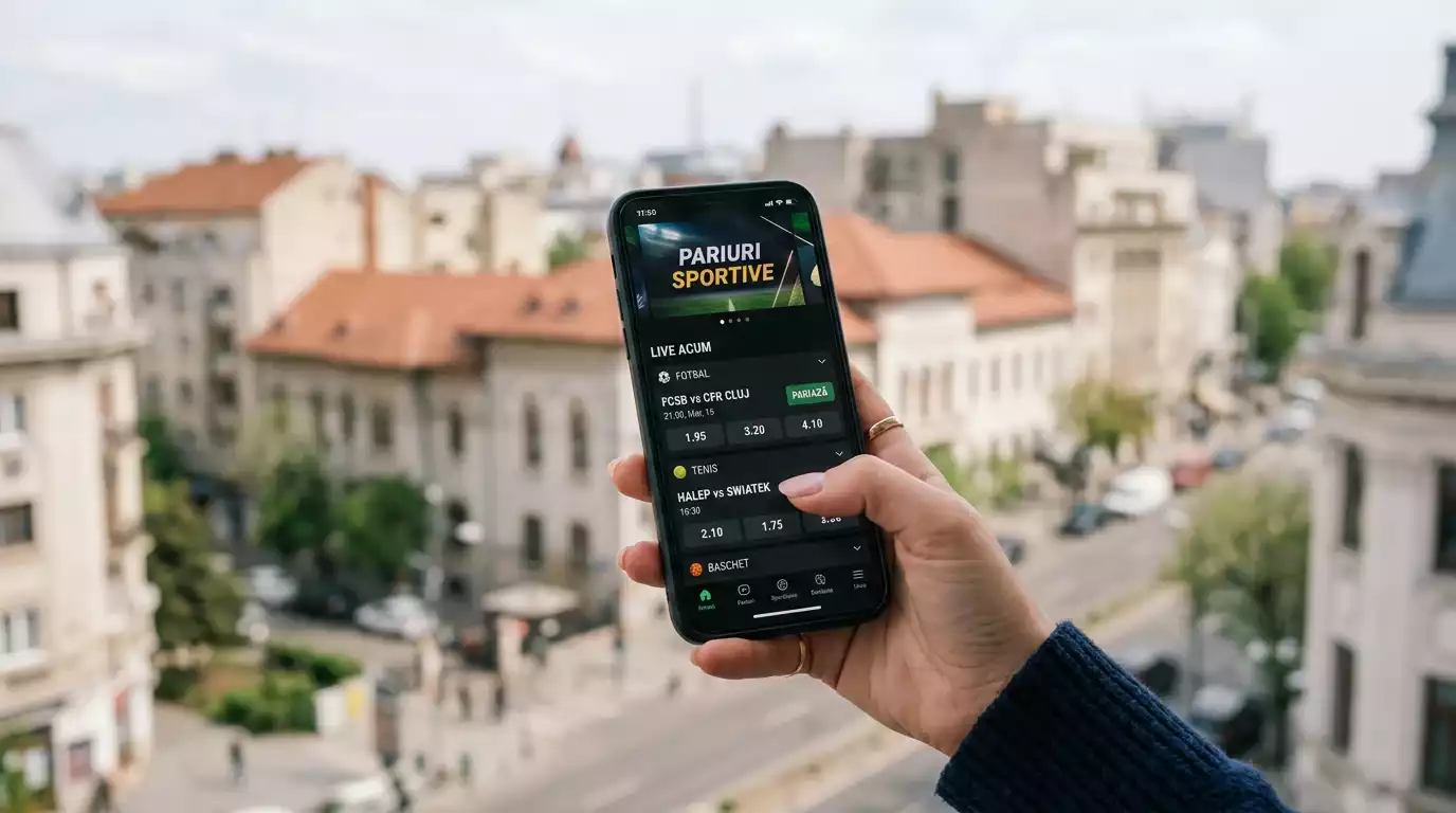 Telefon mobil cu o aplicație de pariuri sportive deschisă pe fundalul unui peisaj urban european