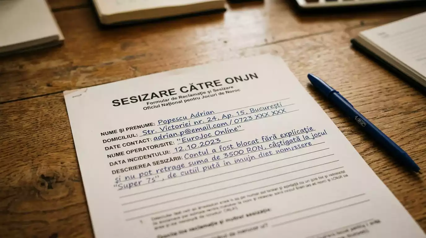 Formular oficial de sesizare ONJN pentru o retragere blocată la o casă de pariuri