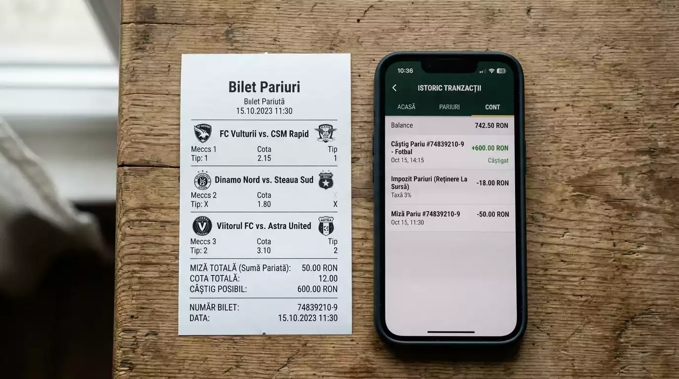 Bilet de pariuri tipărit lângă un telefon mobil cu detaliile taxei pe viciu la o casă de pariuri din România